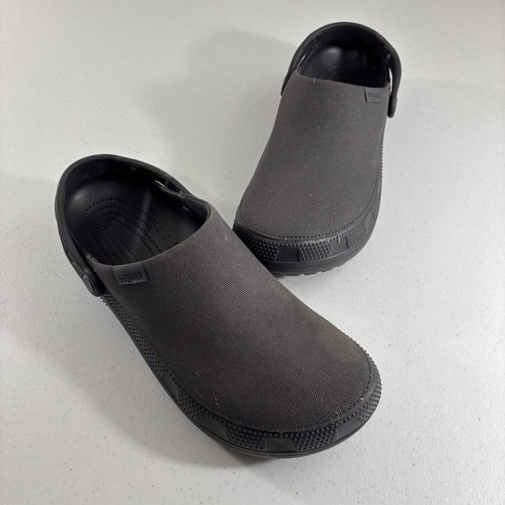 Crocs Classic Crafted Clogs Mens 12 Black Canvas Textile Upper Strap Shoes EUC!